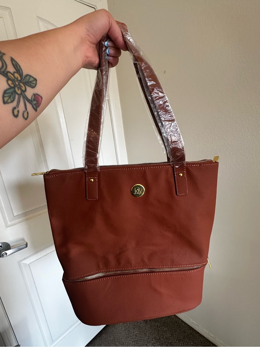Joy Mangano Women's Tote Handbag in Brown - bottom compartment